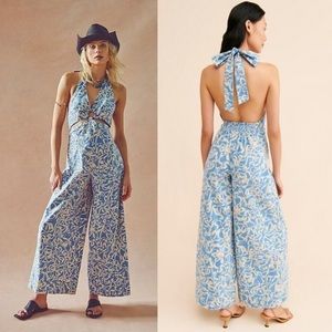 NWOT Free People Kira Jumpsuit in Blue - Wide Leg Retro - Coastal Cowgirl Z359-0